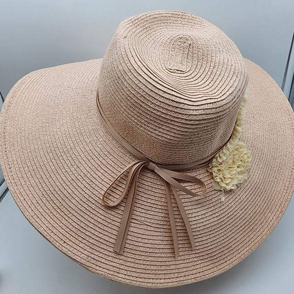 August Hat Company Wide Brim Floppy Hat Woven Floral Tie Detail Beach Tropical - Picture 5 of 16
